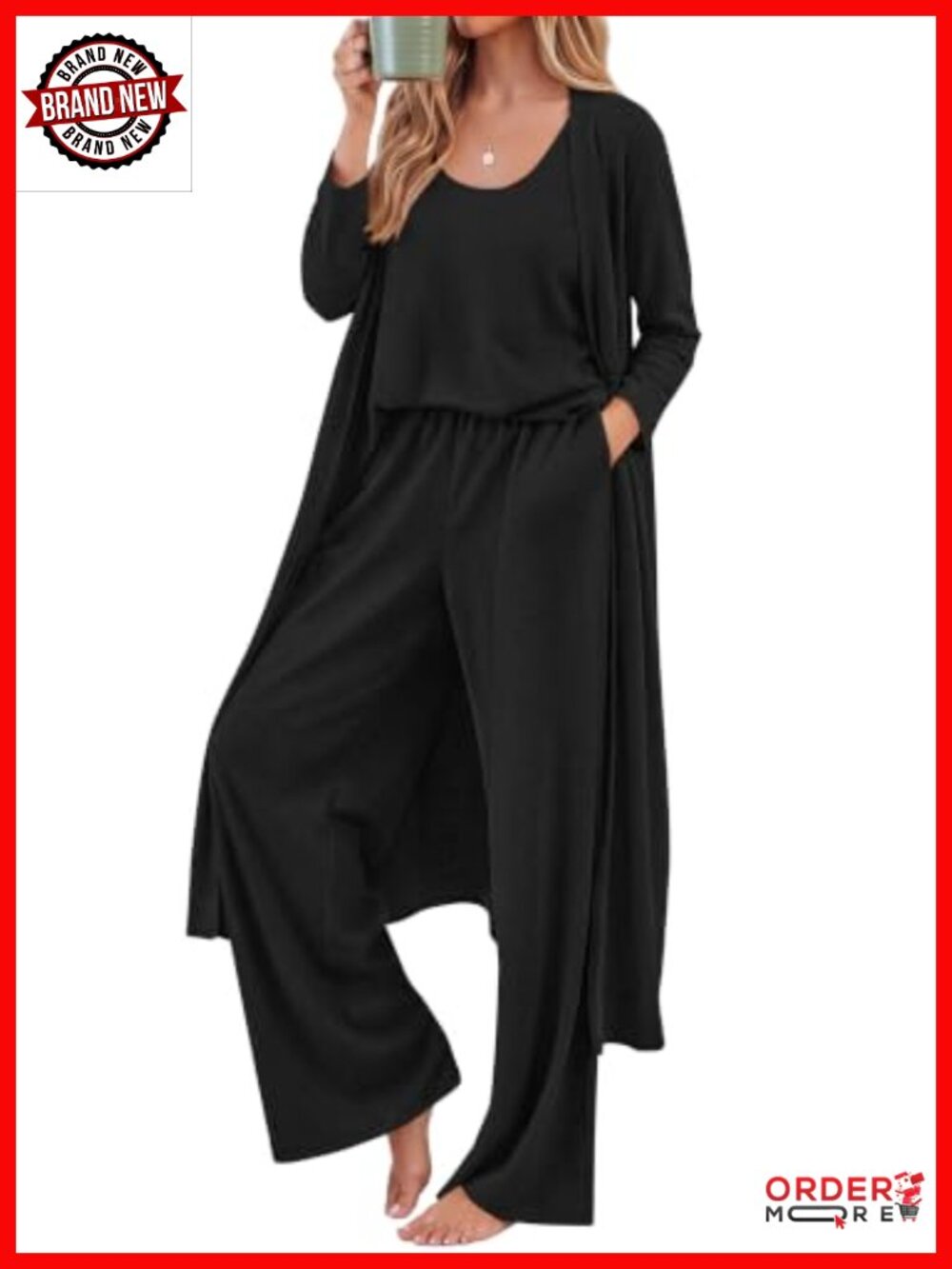 3 Piece Lounge Set Open Front Cardigan Tank Wide Leg Pants Travel